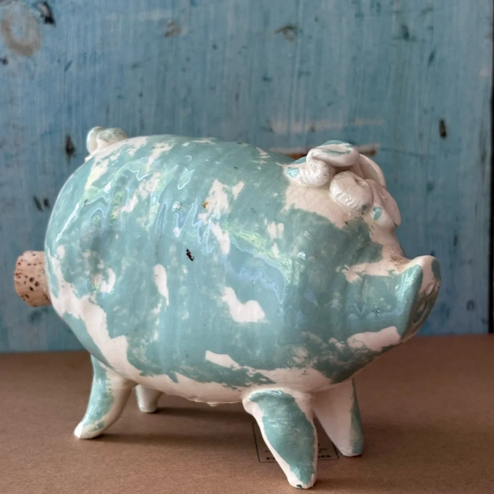 Hand-Crafted Ceramic Piggy Salt Shaker in Green and White - Picture 3 of 8